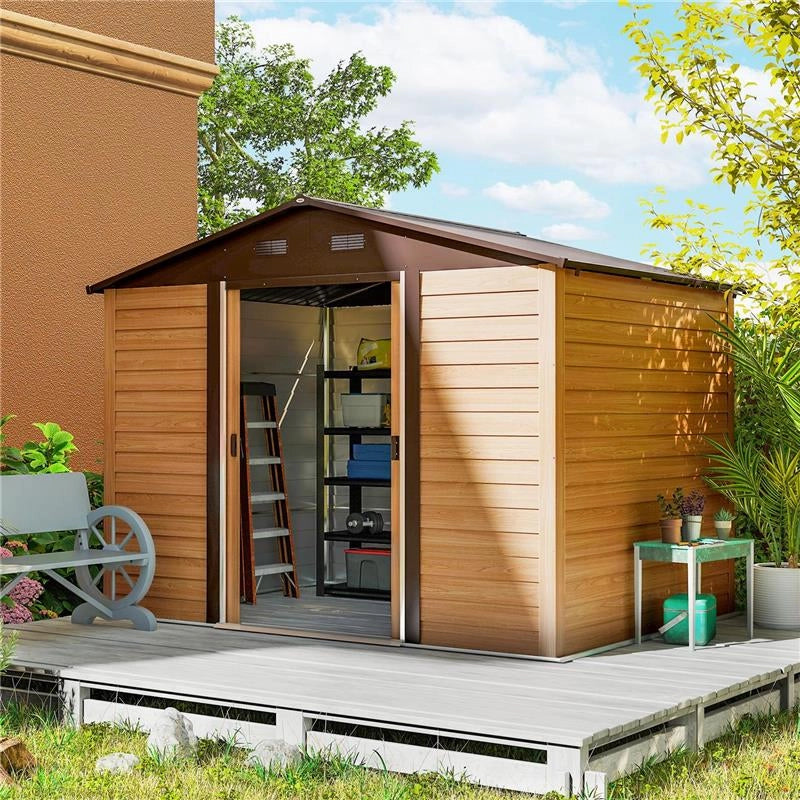 CASETTA DA GIARDINO IN ACCIAIO EFFETTO LEGNO E DOPPIE PORTE SCORREVOLI, 278X195X215 CM, MARRONE