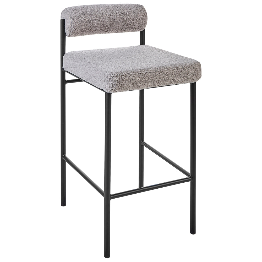 Set di 2 sedie da bar Rivestimento in poliestere grigio Boucle Gambe in metallo nero Sgabelli senza braccioli Schienale arrotolabile Sala da pranzo moderna Cucina
