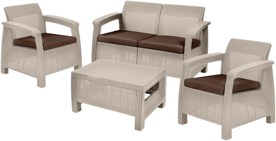 Keter Corfu Lounge Set con Cuscini Poltrone 75x70x79h Divano 128x70x79h Tavolino Aperto 77x57x42h Cappuccino