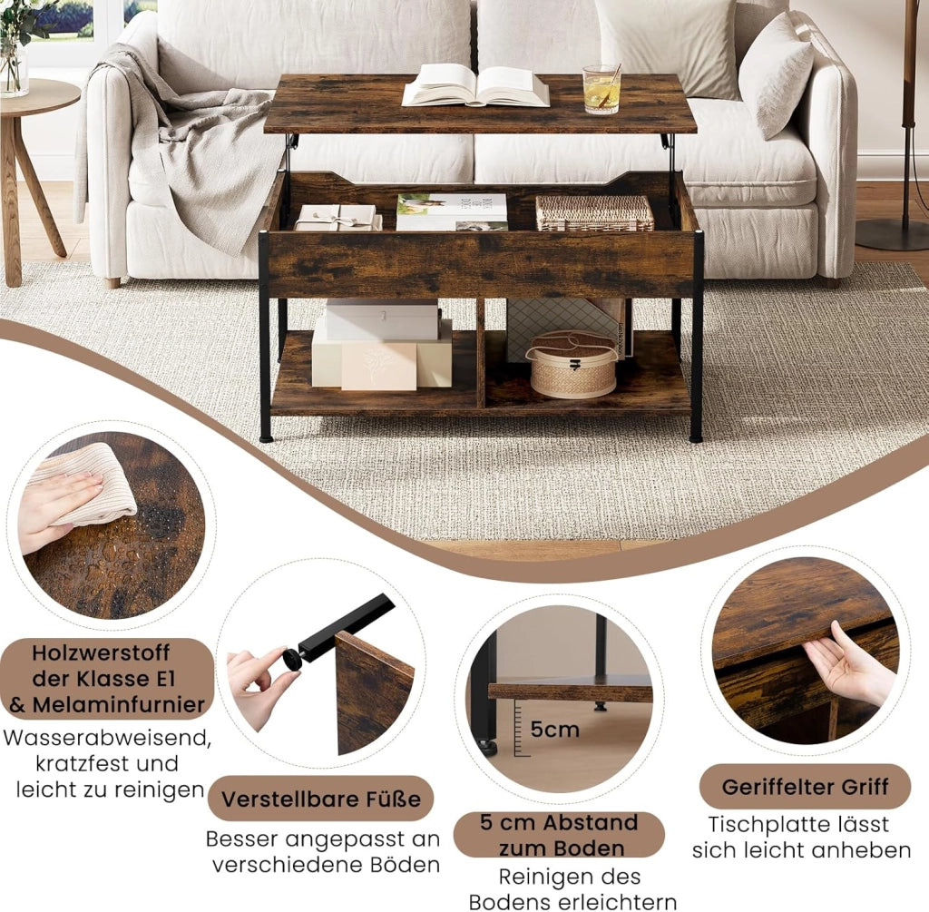 Tavolino da Caffè Sollevabile, Tavolino da Divano con Scomparto Nascosto e Aperto, Tavolino da Salotto Industriale, 90x50x(45-60) cm, Marrone Rustico, BTS15vbn