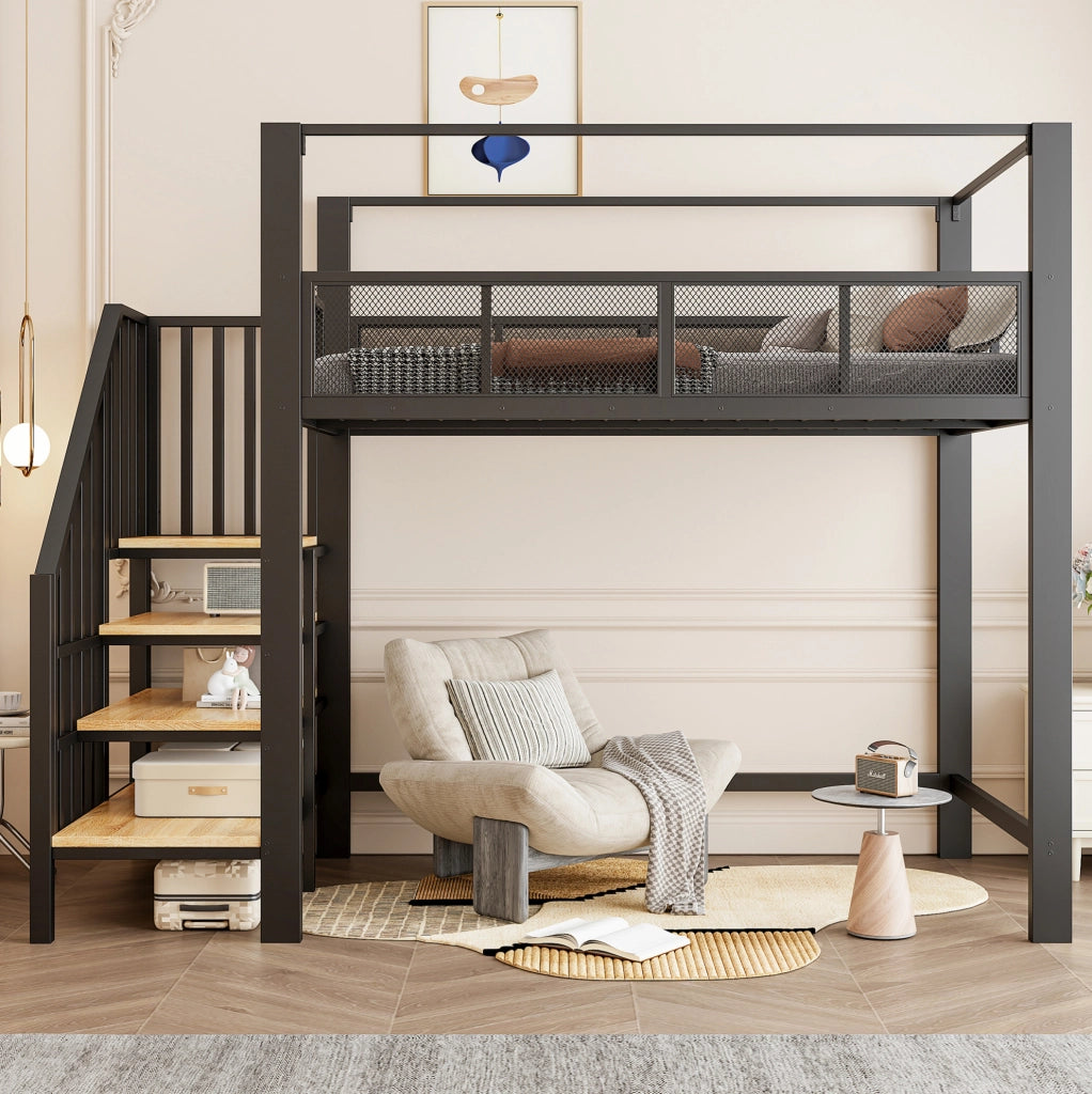 Letto a soppalco 90x200 cm con scala e baldacchino in metallo nero