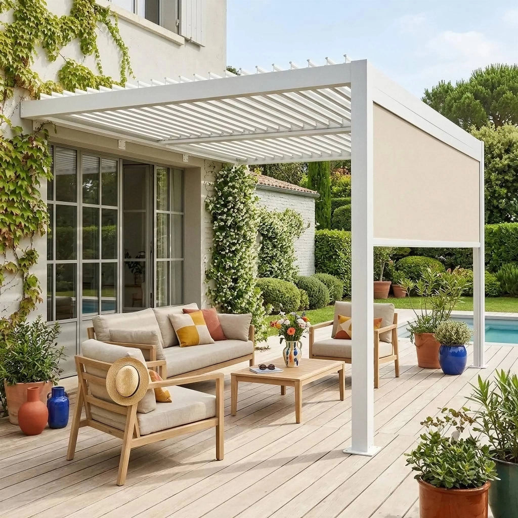 Pergola bioclimatica in alluminio addossata 4x3m + 1 tenda 4m , bianco