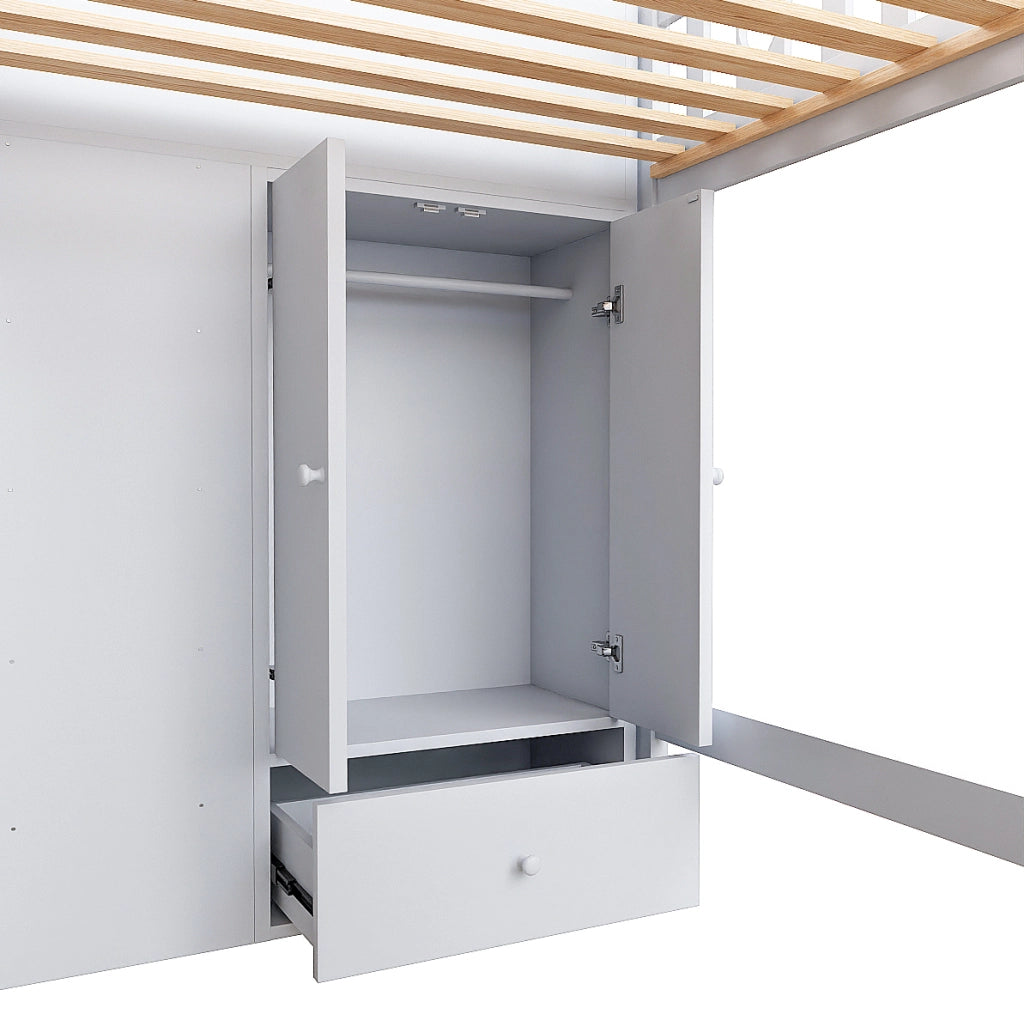 Letto a soppalco bianco 90x200 cm con scala contenitore, scaffali e armadietto ribaltabile