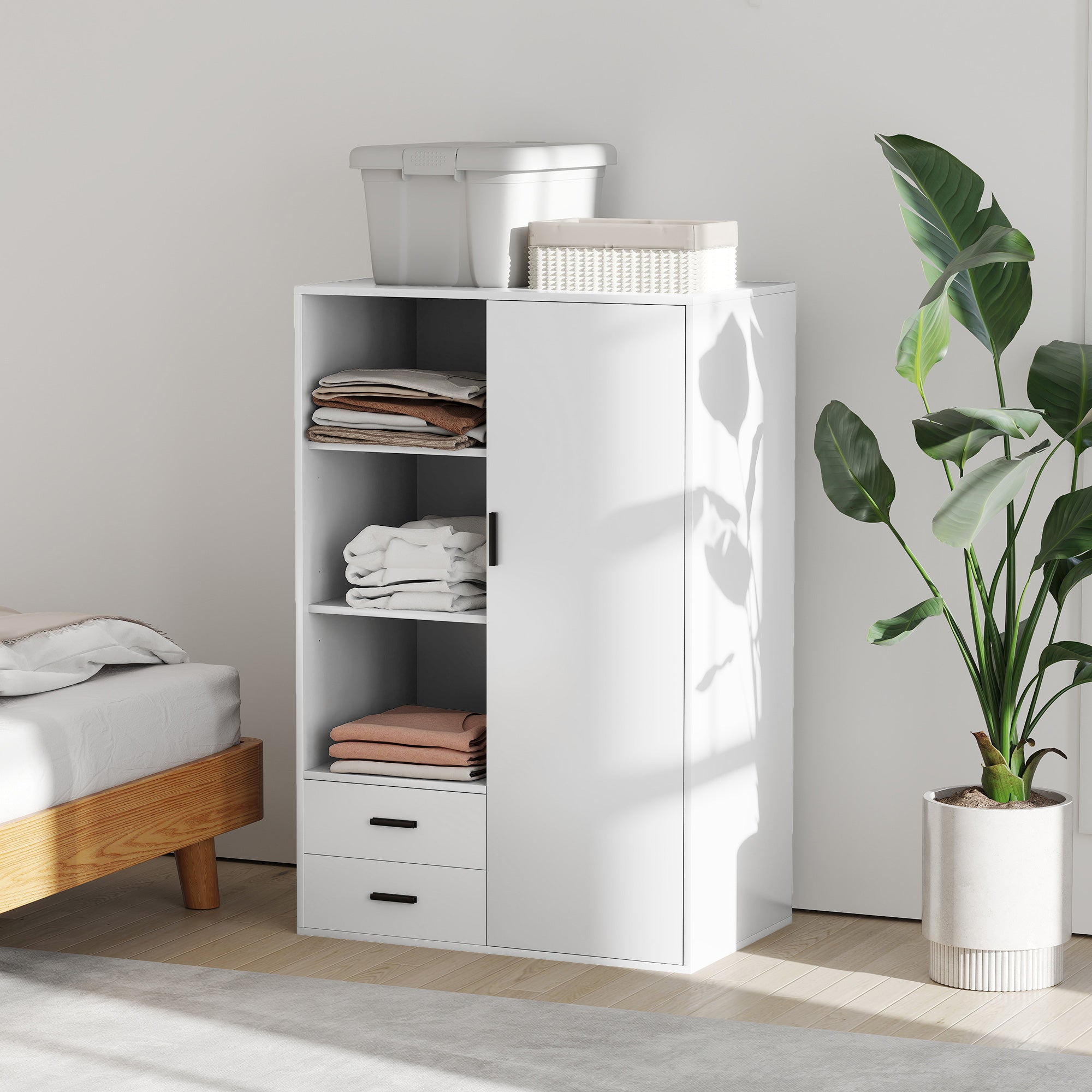 Armadio Moderno 80x50x124 cm Appendiabiti Cassetti e Mensole in Truciolare Bianco