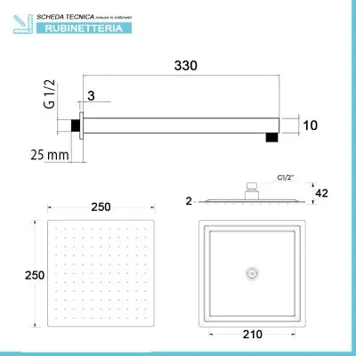Set doccia incasso nero opaco Kubo braccio e soffione quadrato 25x25