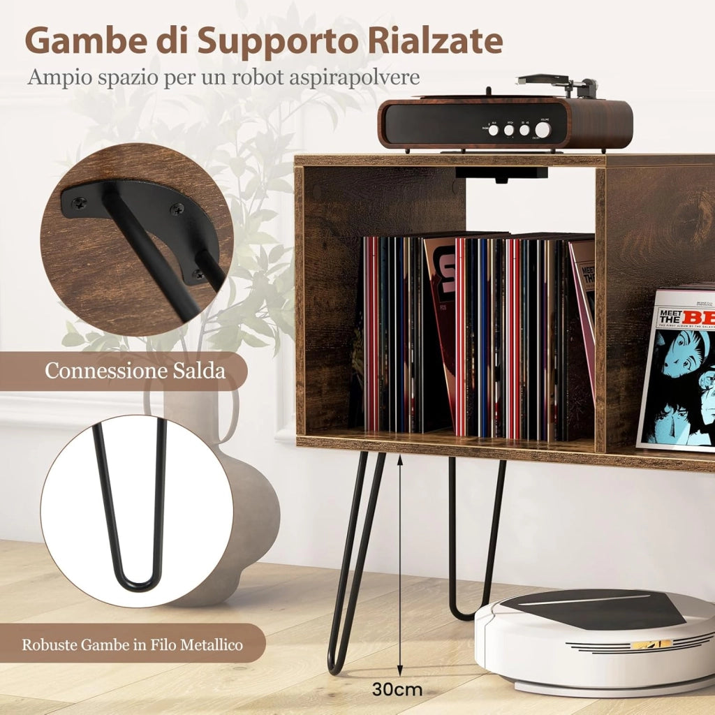Supporto per Giradischi con Presa di Corrente, Espositore per Dischi con Presa di Corrente e Porta USB, capacità Fino a 145 Album, per Soggiorno e Camera da Letto, 66 x 45 x 67 cm (Marrone)