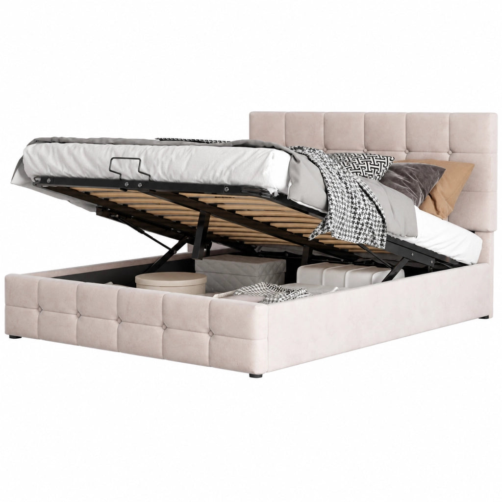 Letti contenitori 140x200 cm; contenitore salvaspazio; velluto; bianco crema (Senza materasso)