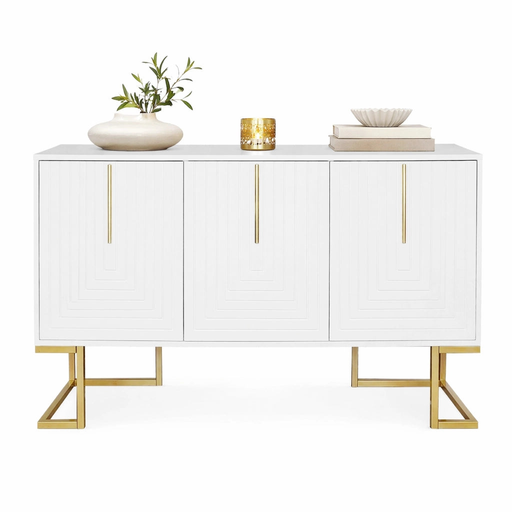 Credenza a 3 ante con ripiani regolabili; MDF e metallo; bianco
