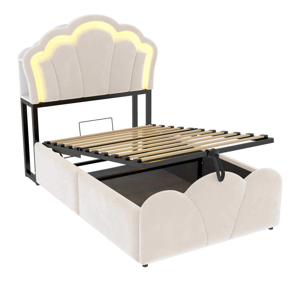 LETTO imbottito 90x200 cm in velluto beige con contenitore idraulico, LED e prese