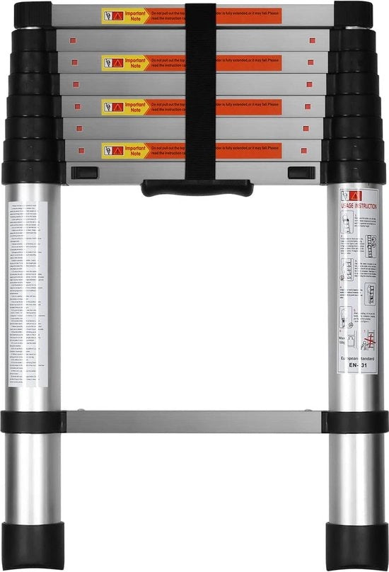 Ladder telescopica in alluminio con sistema di estensione retrattile a un solo bottone per uso interno ed esterno, capacità di carico 350 lbs, colore argento, lunghezza 26 m/85 FT.
