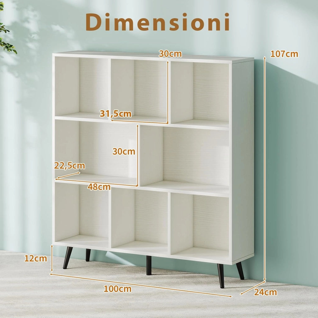 Libreria a 8 Cubi, Organizzatore di Stoccaggio Moderno con 5 Gambe di Metallo, Scaffale per Esposizione con 2 Kit Anti-Ribaltamento per Soggiorno Studio Camera da Letto, Bianco (100x24x107cm)