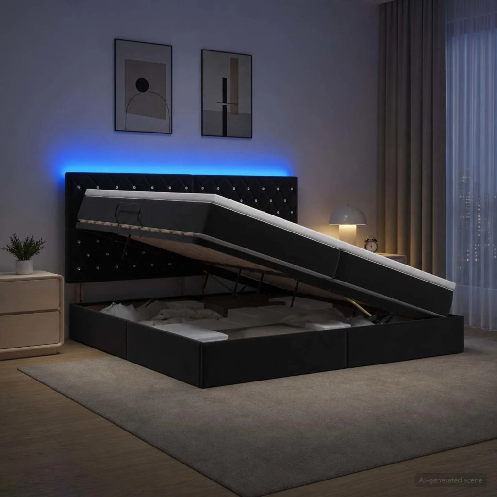 Letto con contenitore LED e materasso Nero 200 x 200 cm Velluto 3460094