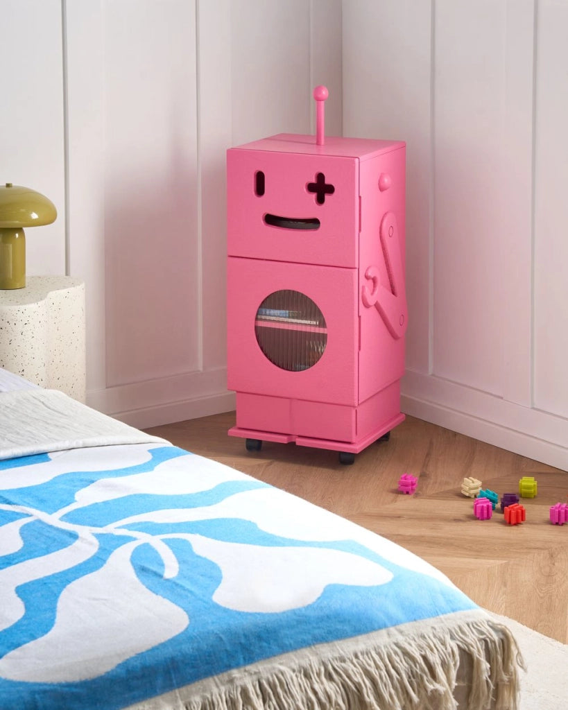 Mobile contenitore per bambini in MDF rosa con ruote 3 ripiani e 1 cassetto tema robot camera dei bambini