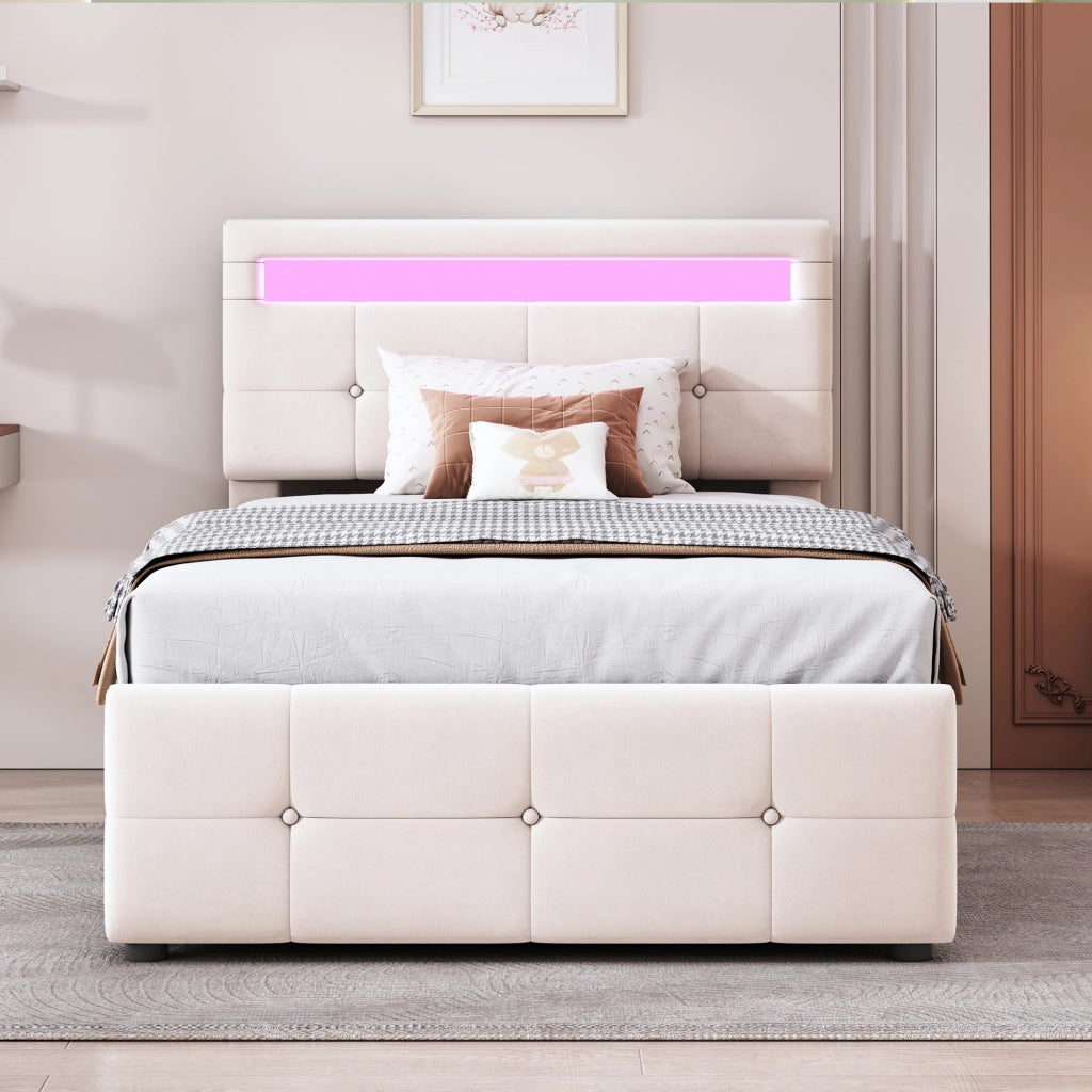 OKWISH Letto Contenitore 90×200 cm, Letto Singolo con LED, Contenitore Idraulico e Testiera Regolabile, senza Materasso, in Velluto, Beige