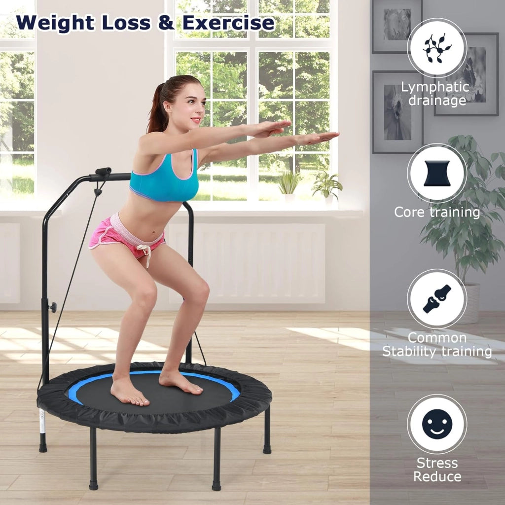 Tappeto Elastico 2 in 1 Ø101 cm, Trampolino Elastico Fitness da Interno e Esterno con Manico Regolabile in Altezza e 2 Fasce di Resistenza, Mini Trampolino Pieghevole fino a 150 kg, Nero+Blu