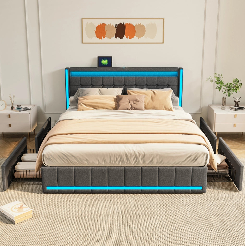 Letto matrimoniale 160x200 cm grigio scuro con LED; 4 cassetti e porte USB