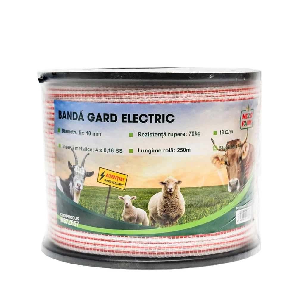Nastro per recinto elettrico, Lunghezza 250 mt e Larghezza 10mm, 4x0.16mm SS, 13 Ohm/m, colore bianco-rosso, Recinzioni Elettriche Mezofarm