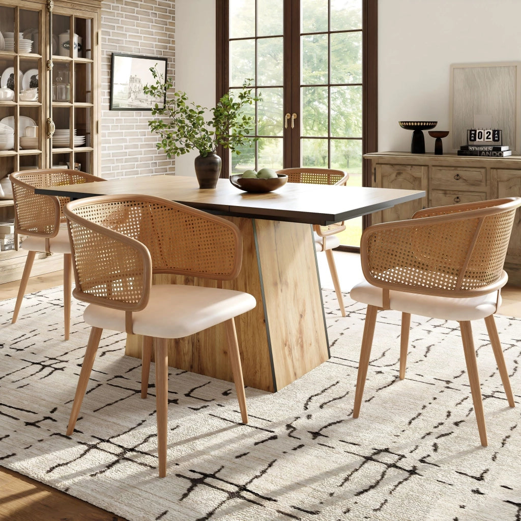 Sedie da Pranzo con Schienale in Rattan ¨C MINIMAL ¨C Set 6 Pezzi, Seduta in Ecopelle, Moderno