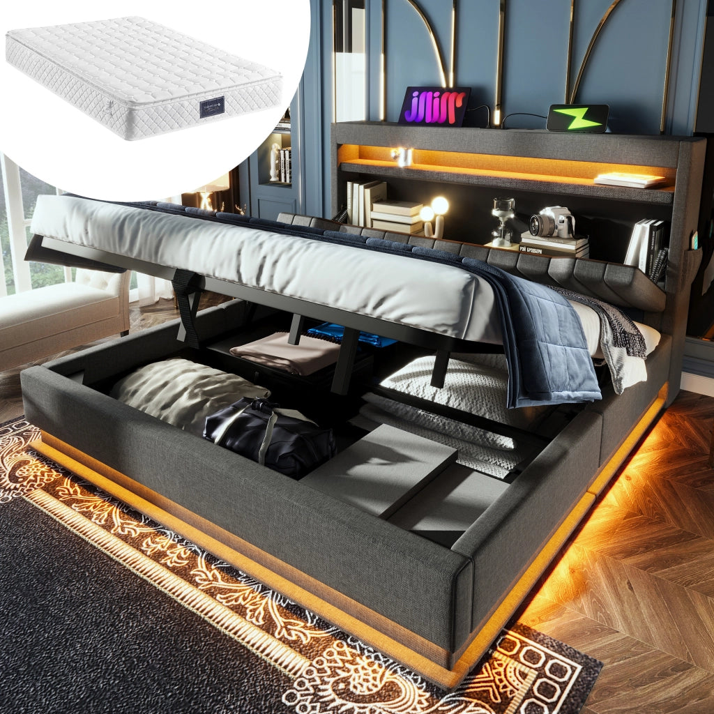 Letto matrimoniale 160x200 cm in lino grigio con LED; USB; contenitore idraulico e materasso