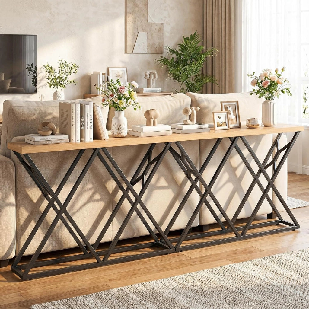 Tavolo Consolle 140 cm, Tavolo Divano con Struttura in Metallo Solido e Spazio di Stoccaggio, Tavolino Stretto in Industriale per Soggiorno, Camera da Letto, Entrata e Corridoio