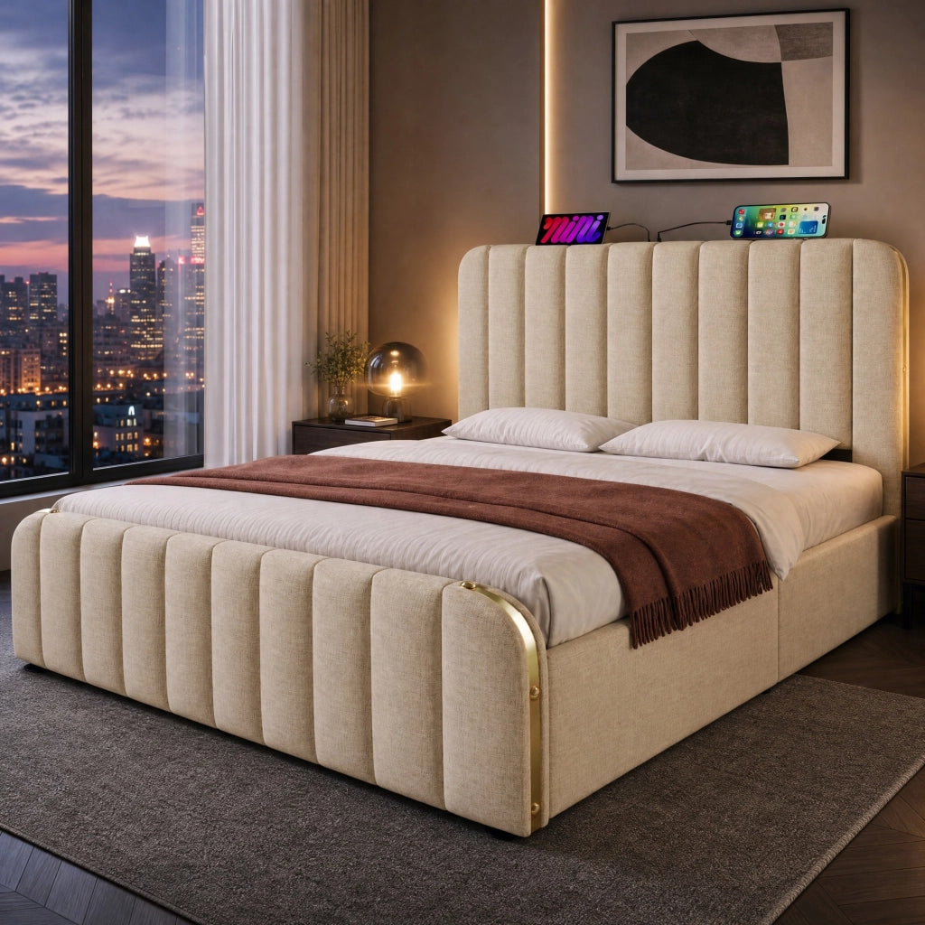 Letto matrimoniale imbottito 160x200 cm con testiera USB e contenitore idraulico