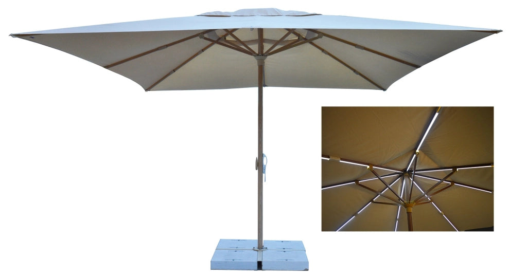 Ombrellone da Giardino 4x4 m Palo Ø60 mm con LED in Alluminio Legno Rovere Telo in Poliestere Ecrù
