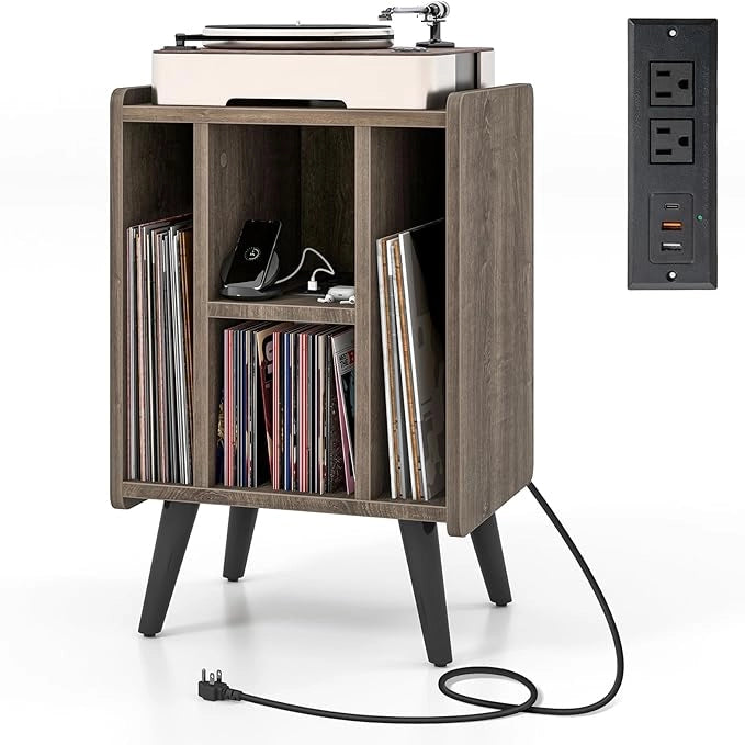 Supporto per Giradischi, Porta Vinili con 4 Ripiani Aperti, Presa di Corrente e Porta USB, con Mensole Espositive, per Soggiorno, Camera da Letto e Ufficio, 43 x 34,5 x 67,5 cm (Grigio)