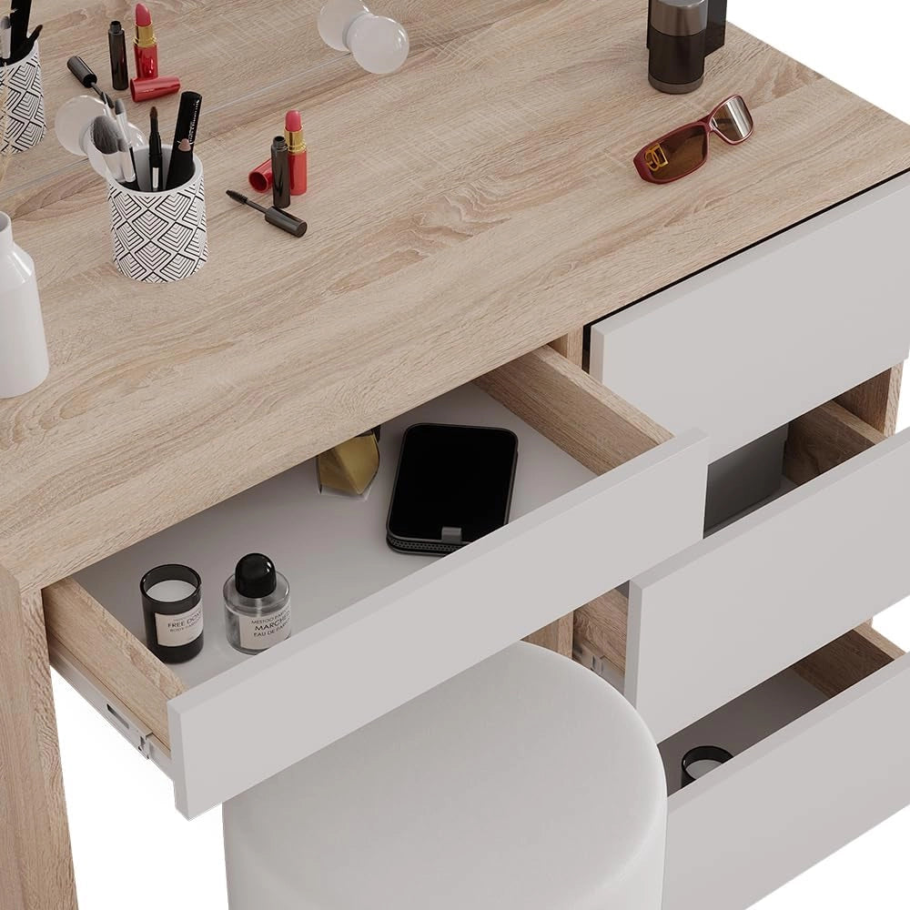Tavolo da toeletta Sherry, Sonoma, 90 cm con illuminazione a LED e sgabello, con illuminazione a LED e panca imbottita