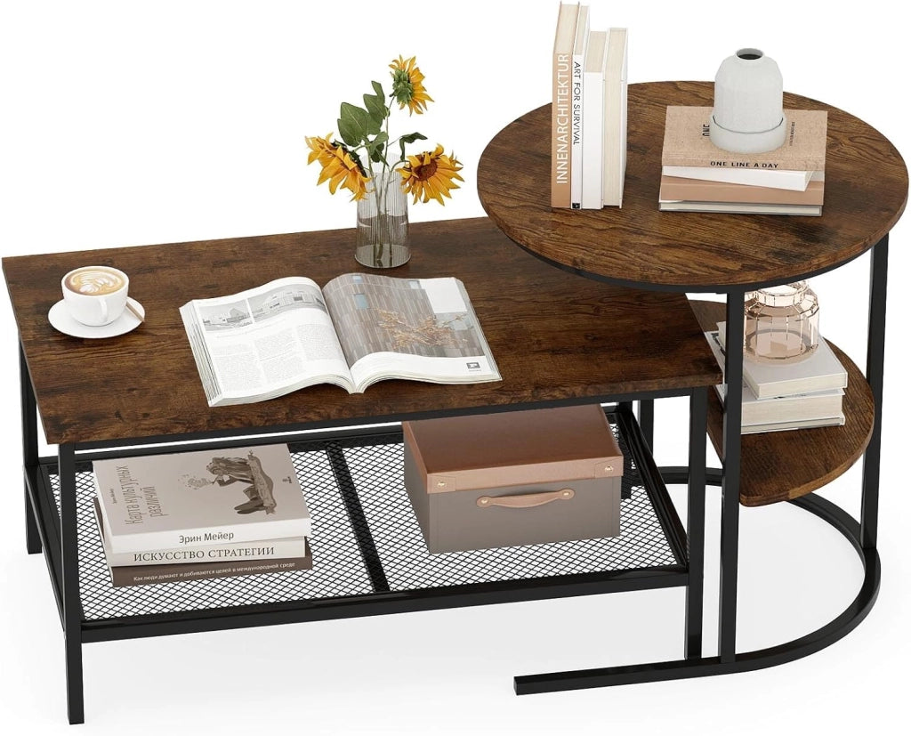 Set di Tavolini da Caffè Componibili, 2 in 1 Set di Tavoli Rimovibili con Piano in Marmo Sintetico, Tavolino Rotondo e Tavolino Rettangolare per Salotto e Camera da Letto (Nero) (Marrone)