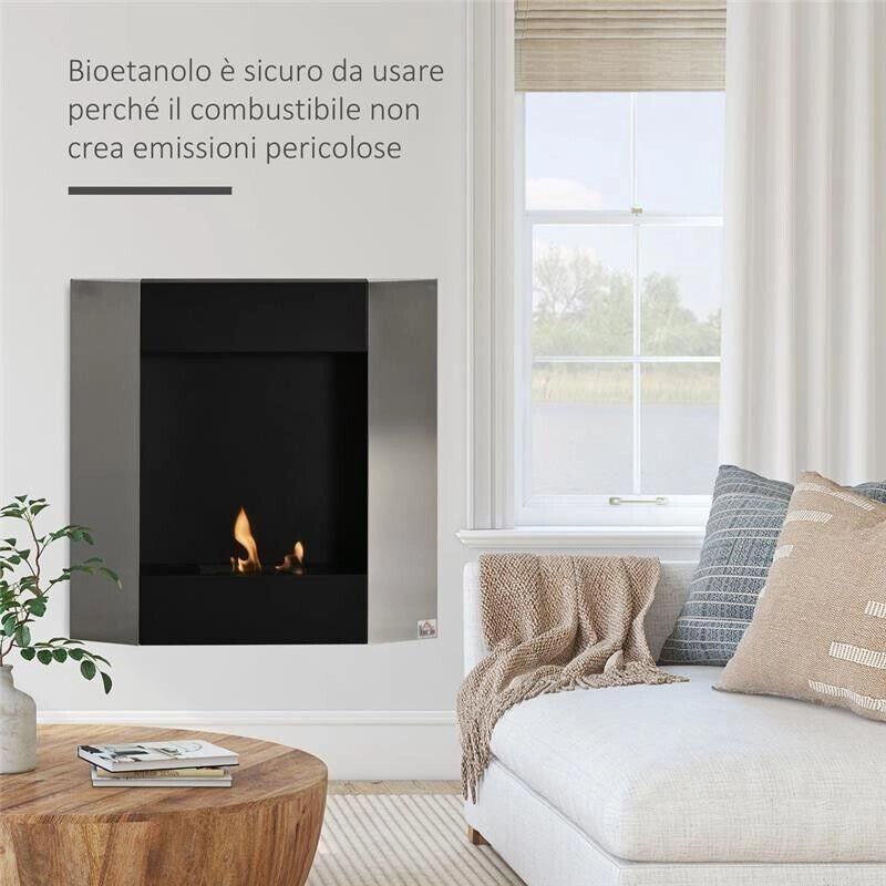 CAMINO BIOETANOLO DA PARETE CON SERBATOIO 0.7L 72X11X72 CM ARGENTO/NERO