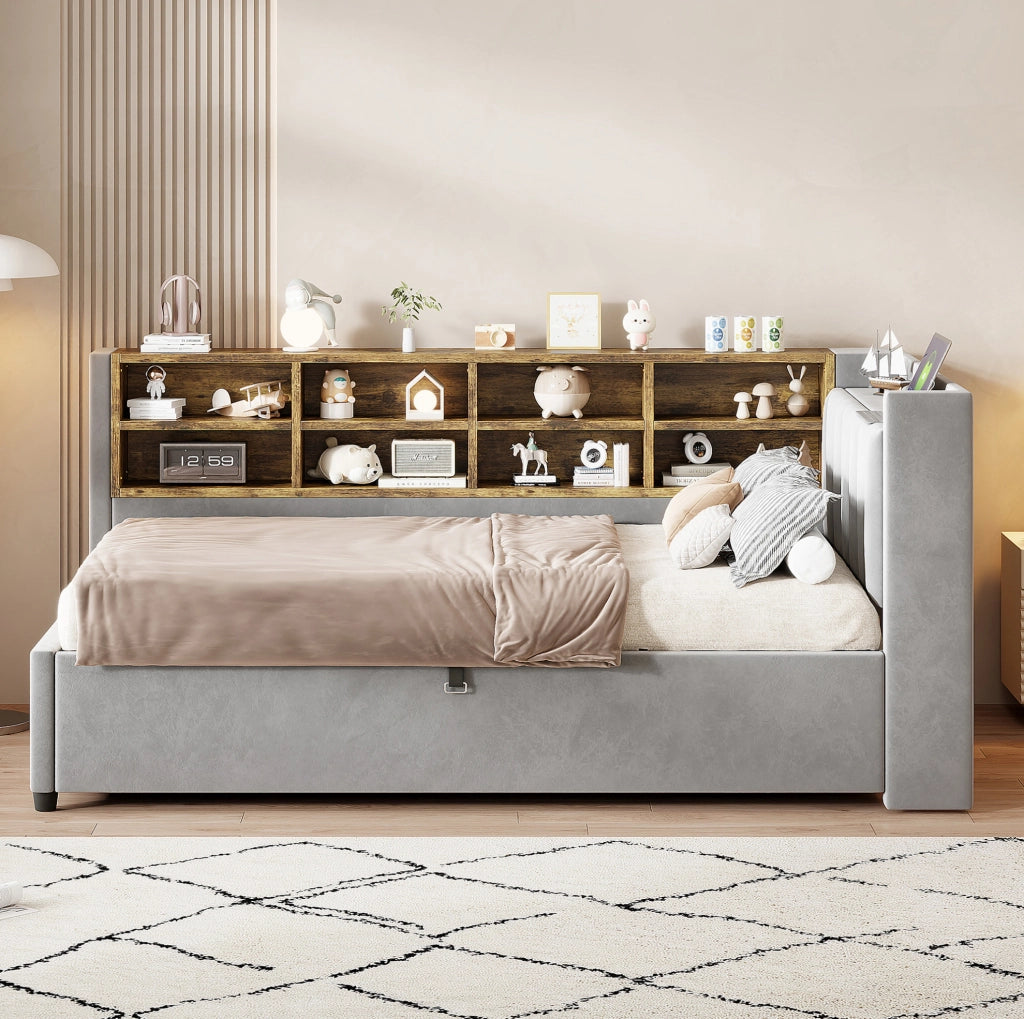 Letto imbottito 90x200 cm grigio chiaro velluto con contenitore idraulico