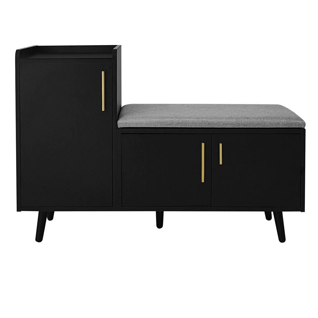 Panca scarpiera con seduta imbottita nera 100x34x68,5 cm in truciolare con ripiani regolabili e 3 ante