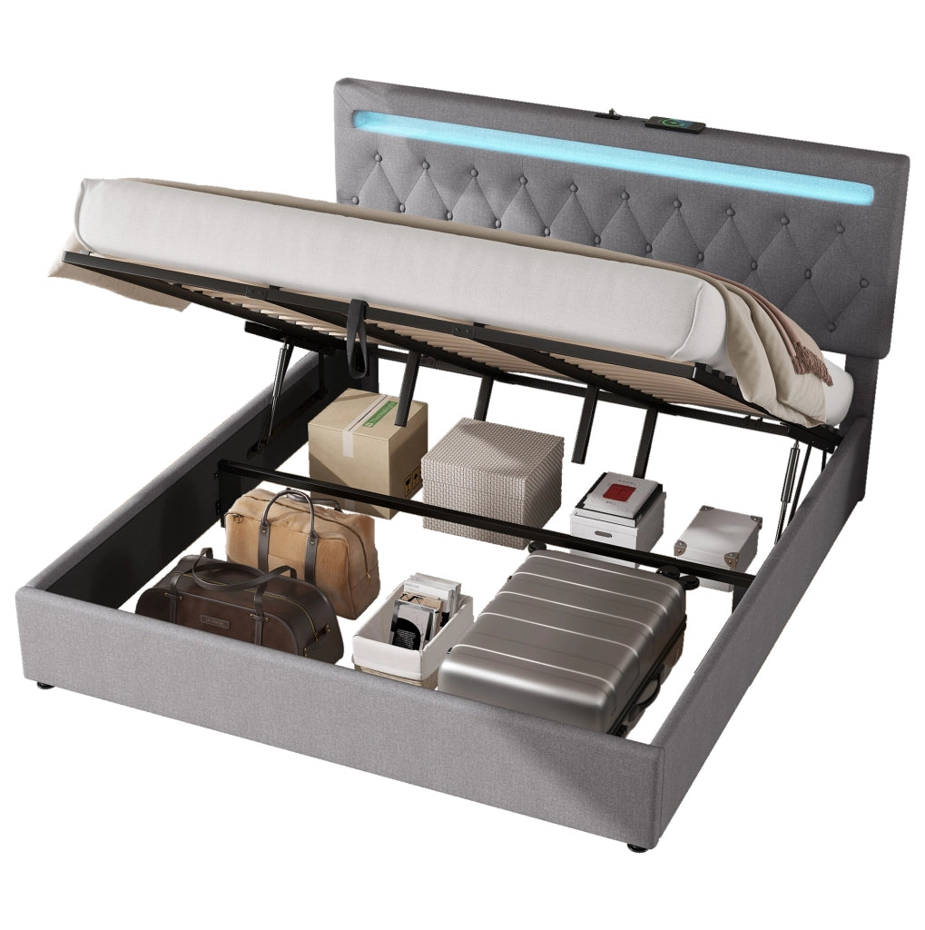 Letto imbottito grigio 180x200 cm con sollevamento idraulico, LED e USB