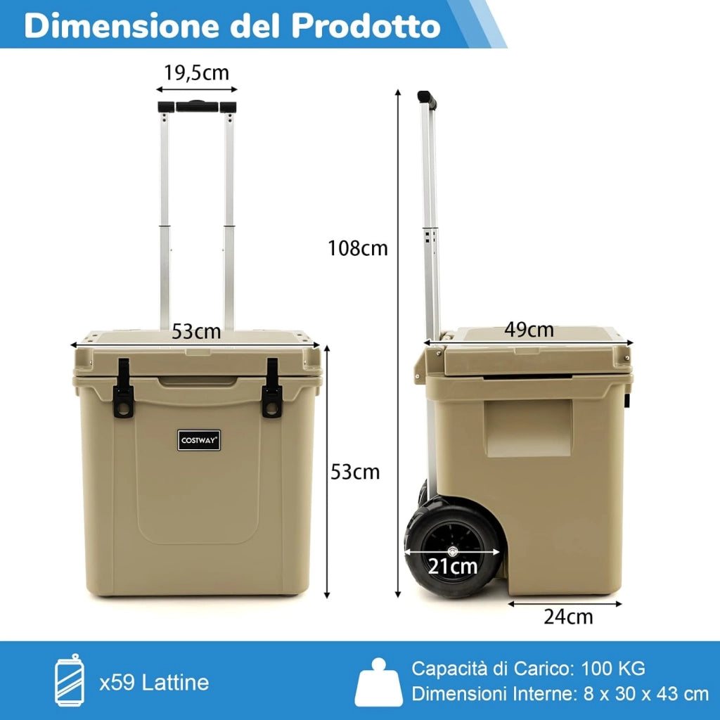 Borsa Frigo Portatile da 43 L, Ghiacciaia Portatile con Ruote, Maniglia in Alluminio, Apribottiglie, Frigo Portatile per Campeggio, Pesca, Viaggi, Spiaggia