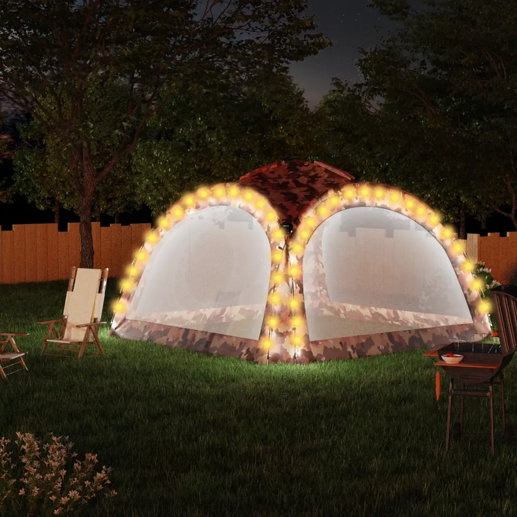 Tenda per Feste con LED e 4 Pareti-Tenda da campeggio 3,6x3,6x2,3 m Mimetica