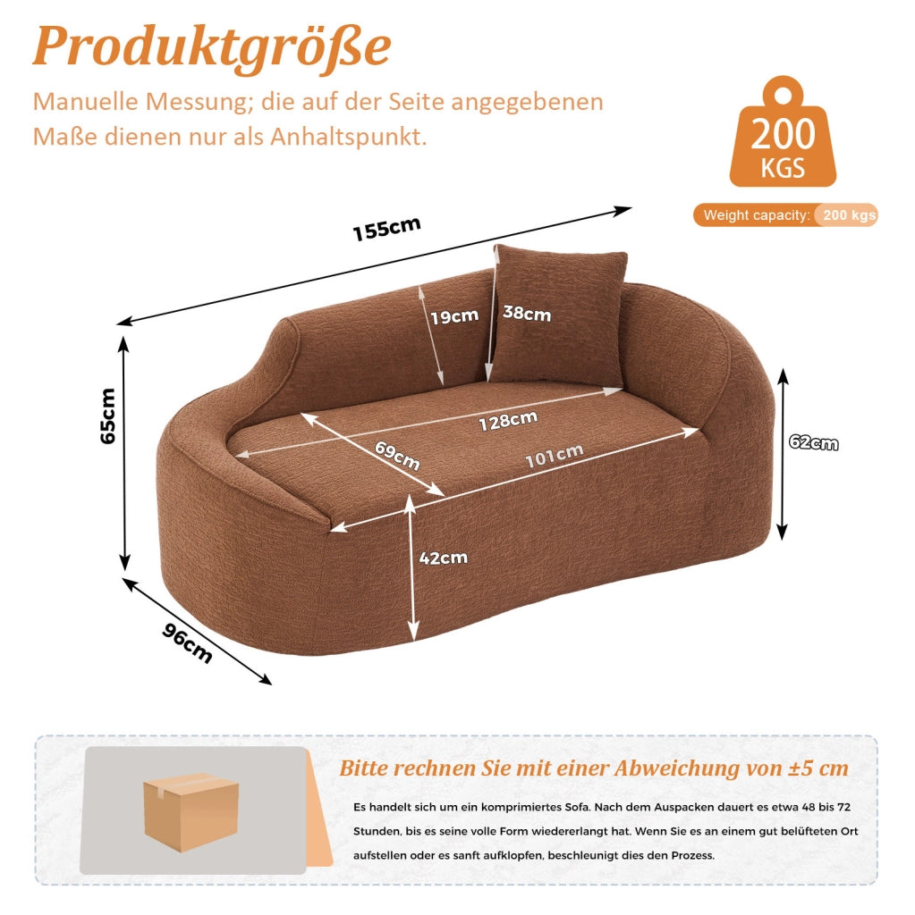Chaise longue 2 posti in ciniglia caramello 155x96x65 cm con cuscino