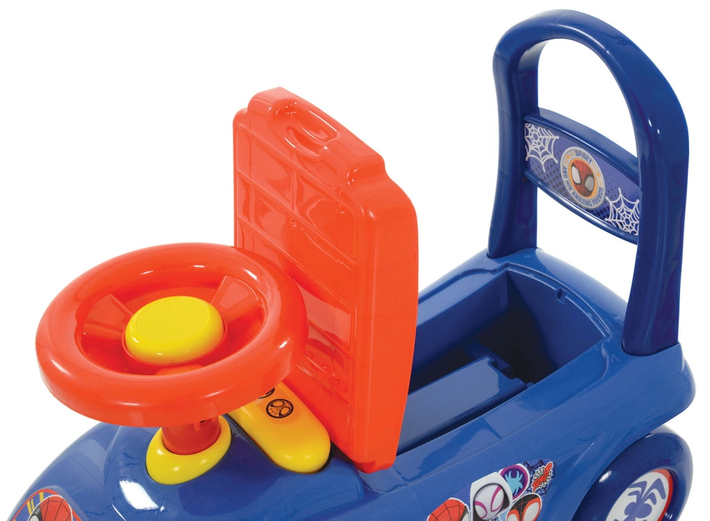 Macchina Cavalcabile per Bambini Volante Direzionabile Vano Contenitore e Telefono Marvel Spidey Blu