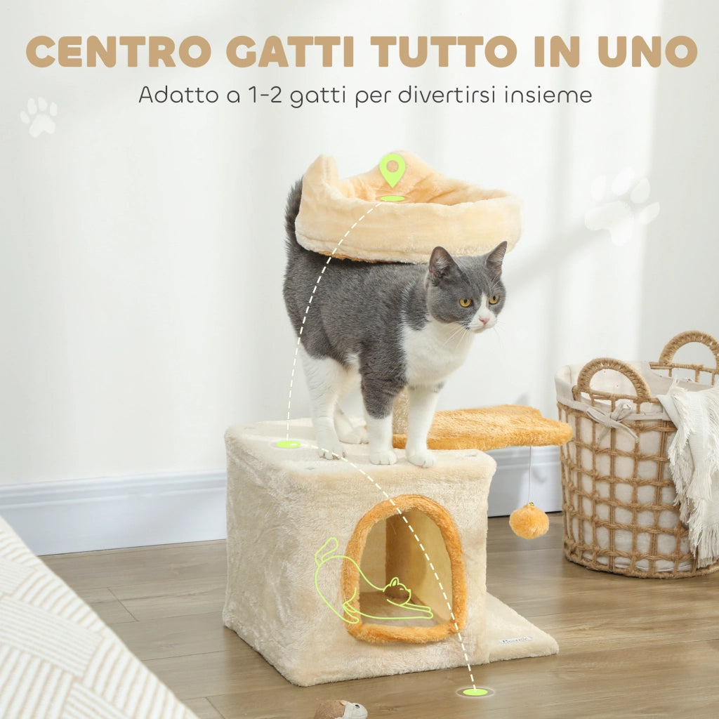 Albero Tiragraffi per Gatti con Cuccia 40x30x72cm in Sisal e Peluche Beige Giallo