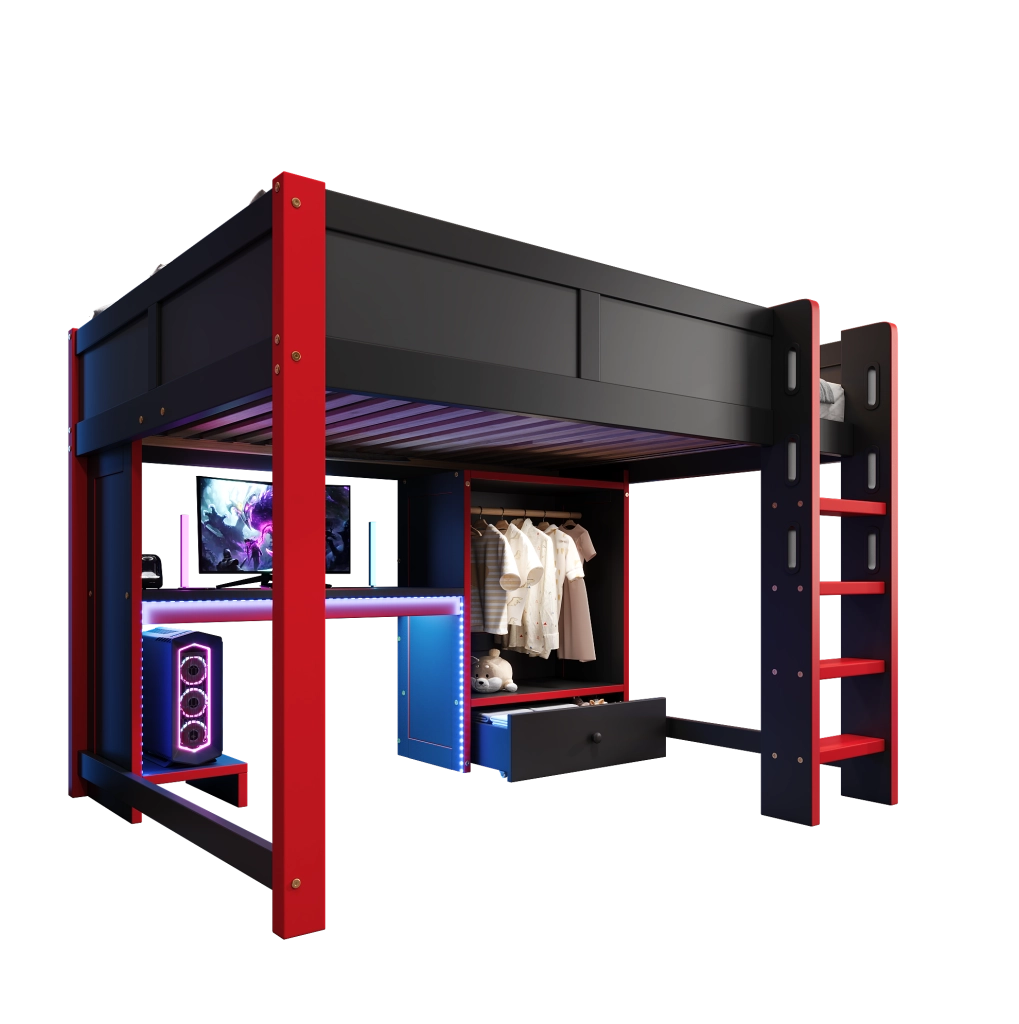 Letto a soppalco gaming 140x200 cm con scrivania nero/rosso