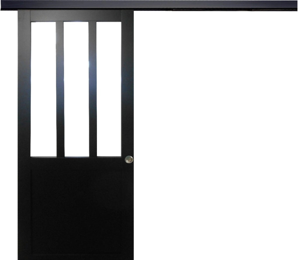Officina per porte scorrevoli Vetro trasparente rivestito nero H204 x L73 + binario nero + 2 gusci installati
