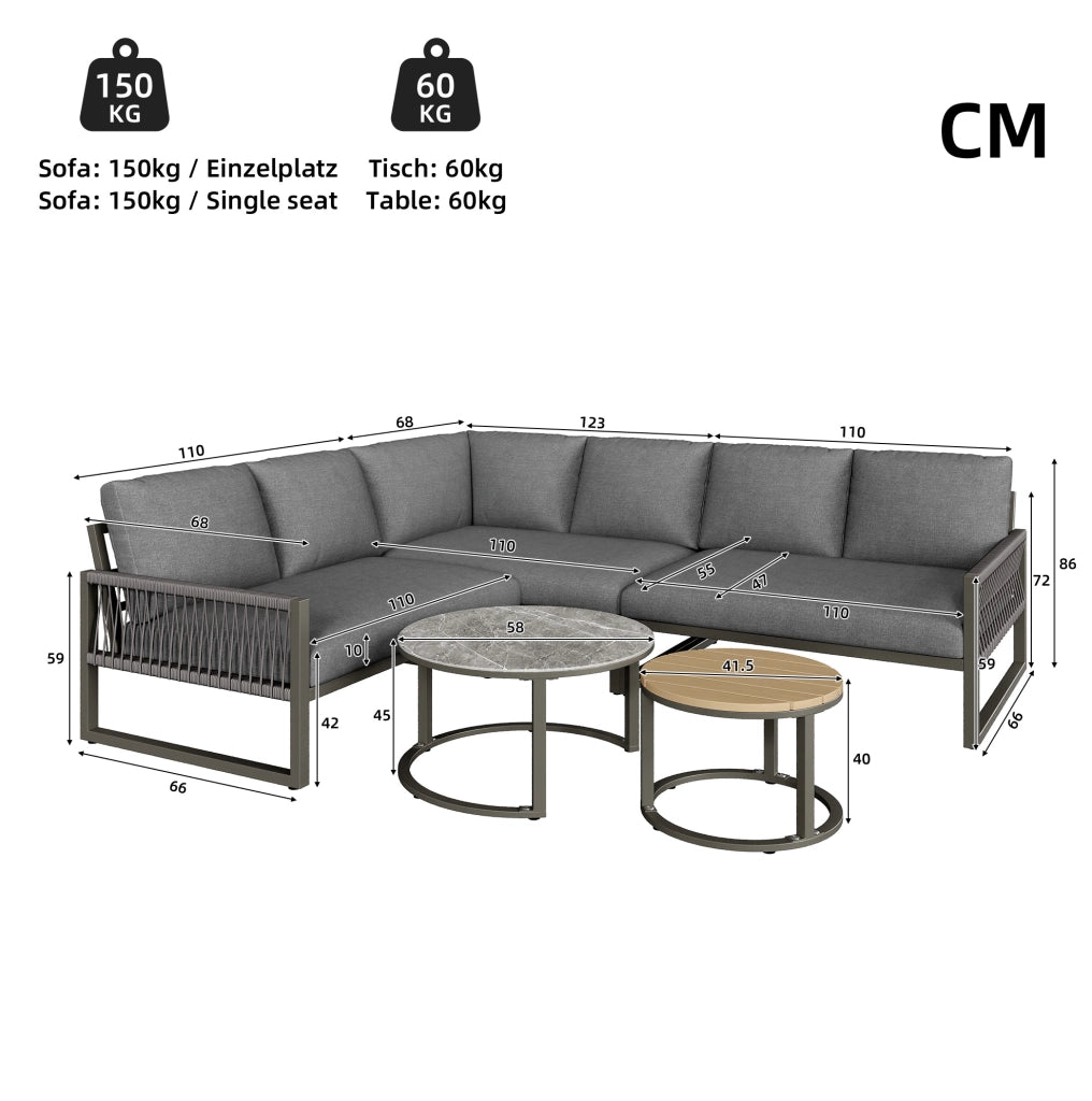 Set lounge da giardino grigio con divani; 2 tavolini e cuscini; metallo e poliestere