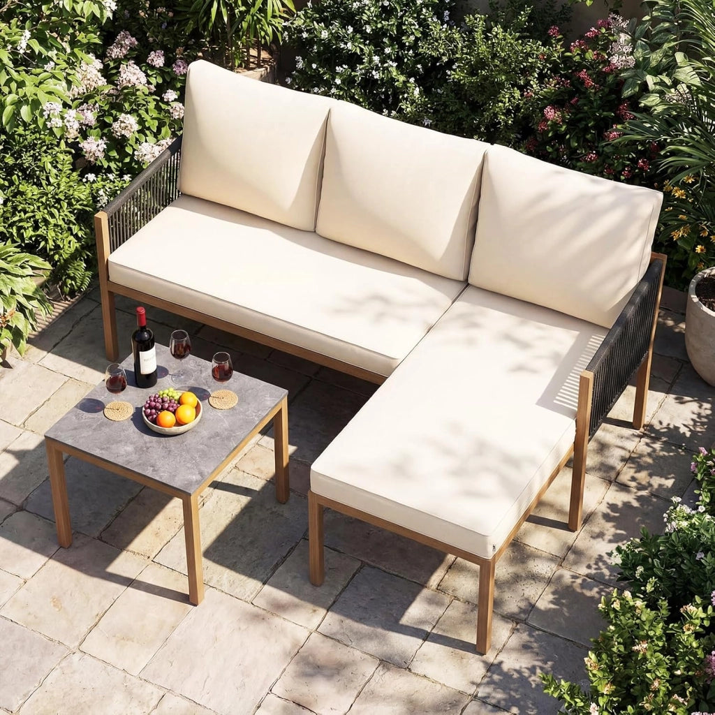 Set di Mobili da Giardino 3 Pezzi, Salotto da Esterno con 2 Divani Componibili a forma di L e Tavolino da Caffè, Set da Conversazione da Esterno con Cuscini Sfoderabili, per Patio e Terrazzo