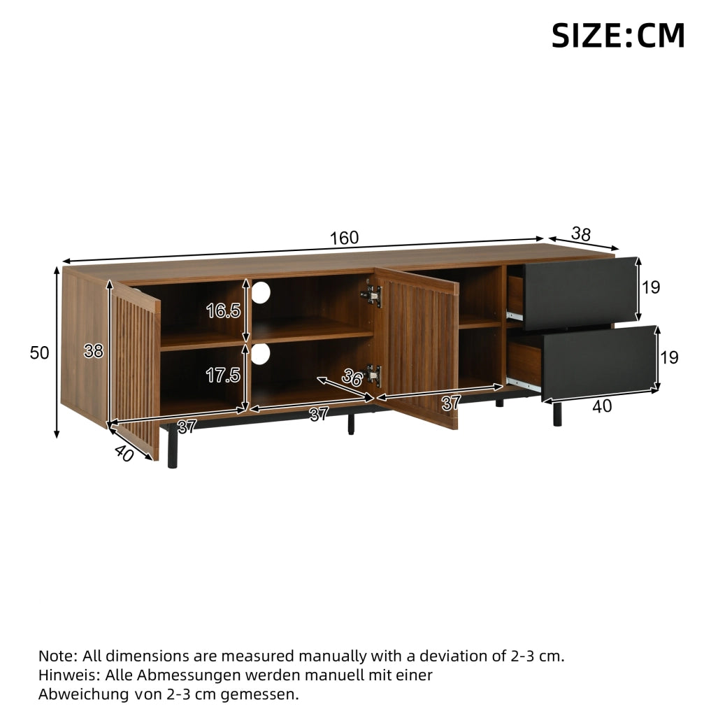 MOBILE TV 160x38x50 cm MDF Noce e Nero con Ante a Lamelle e 2 Cassetti