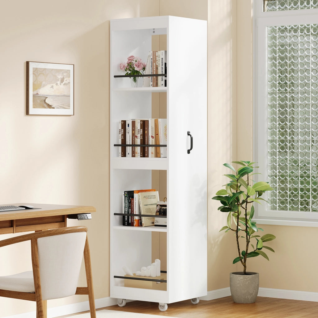 Libreria stretta su ruote con ripiani e barre laterali in MDF bianca per ufficio cucina e bagno