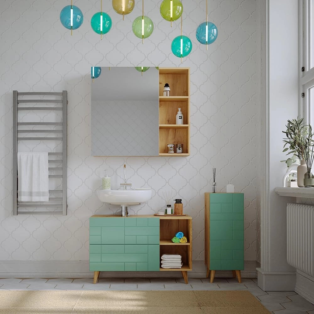 Specchio contenitore bagno Rudi, Rovere, 90 x 80.9 cm con anta e vani a giorno, con meccanismo push-to-open e struttura combinabile