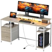 Scrivania per computer, con luci LED regolabili, 2 prese, porte USB, cassetti e ripiani 155,5x48x88,5cm Legno naturale