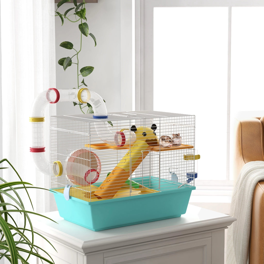 Casetta per Criceti con Ruota, Ciotola e Rampe ¨C zephmum ¨C 45x28x37 cm Bianco Azzurro