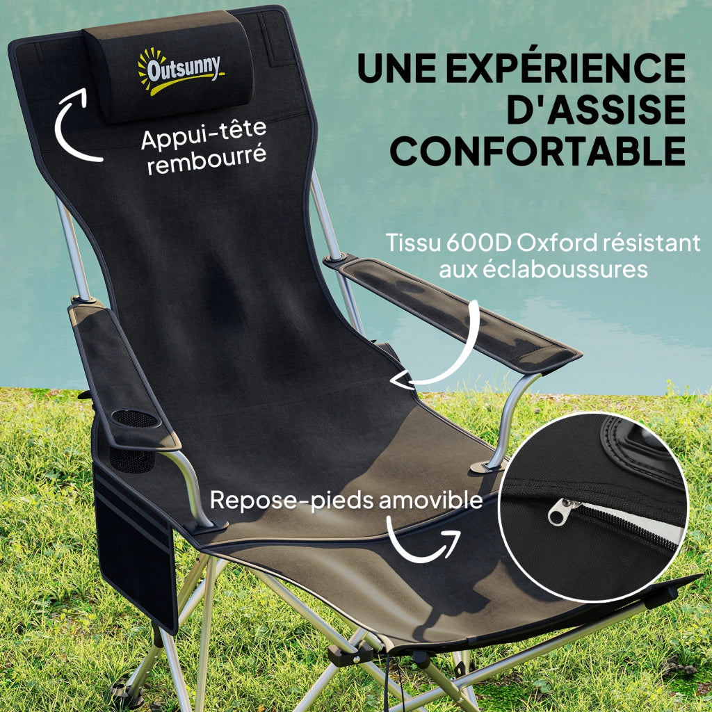 Sedia da camping pliante inclinabile con appoggiapiedi, porta bicchiere e sacco ¨C zephmum ¨C nero