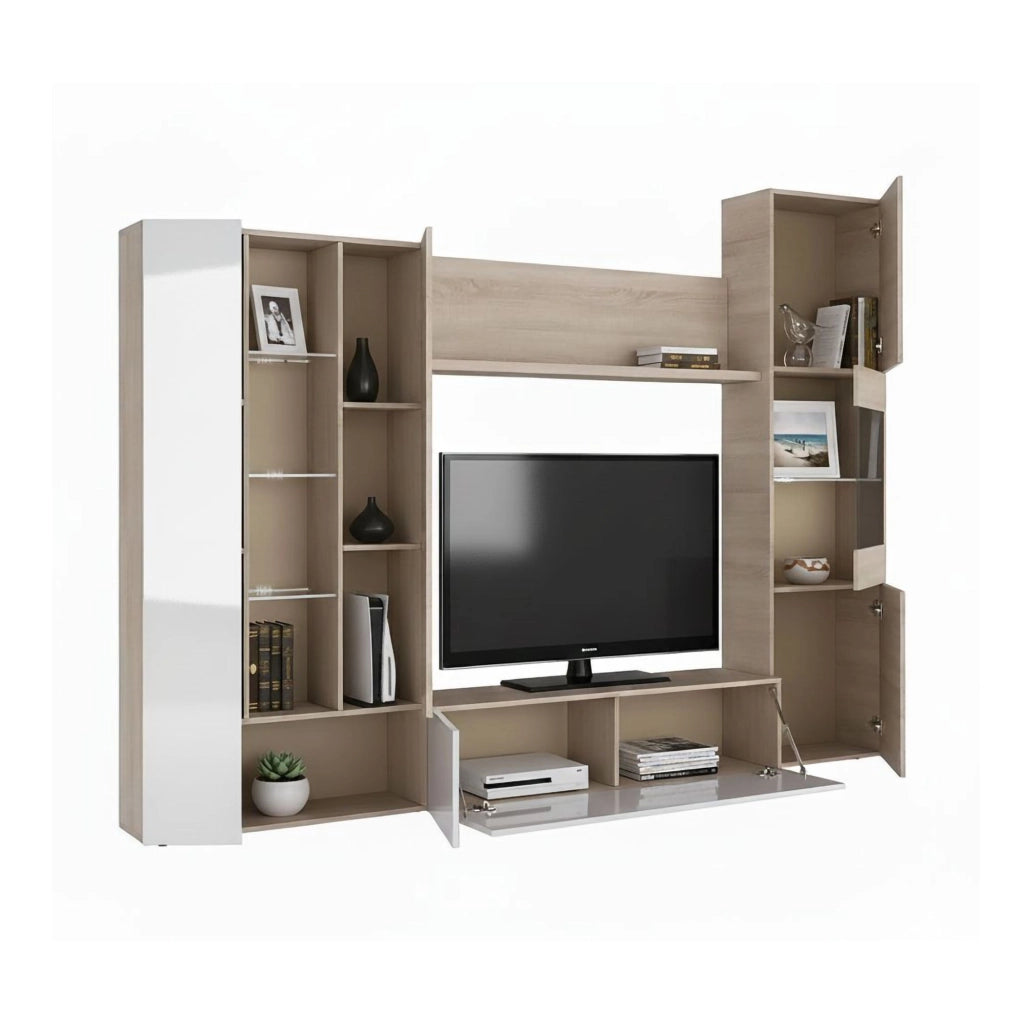 Mobile Soggiorno Angioletto, Parete Attrezzata 15 Ripiani, 260x42x185h cm Marrone Rovere