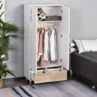 Armadio a Due Ante in Legno con 1 Ripiano, 1 Appendiabiti, 2 Cassetti con Maniglie Intagliate, Bianco 80x40x180cm